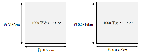 1000平方メートルの一辺の長さは何センチメートル、何キロメートル