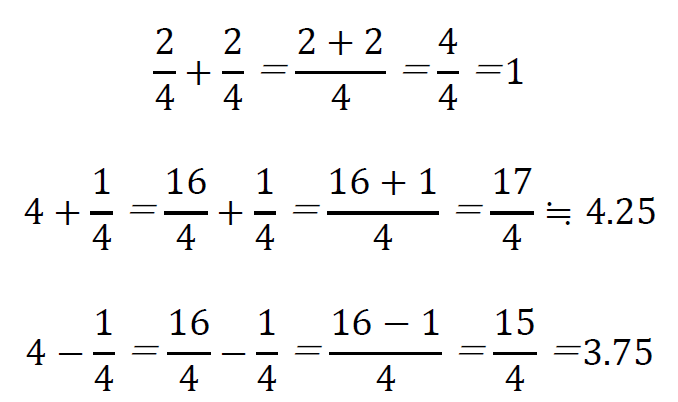 4分の2+4分の2、4分の1+4、4－4分の1