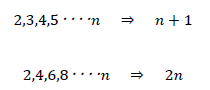 2,3,4,5‥‥n　⇒　n+1、2,4,6,8‥‥n　⇒　2n